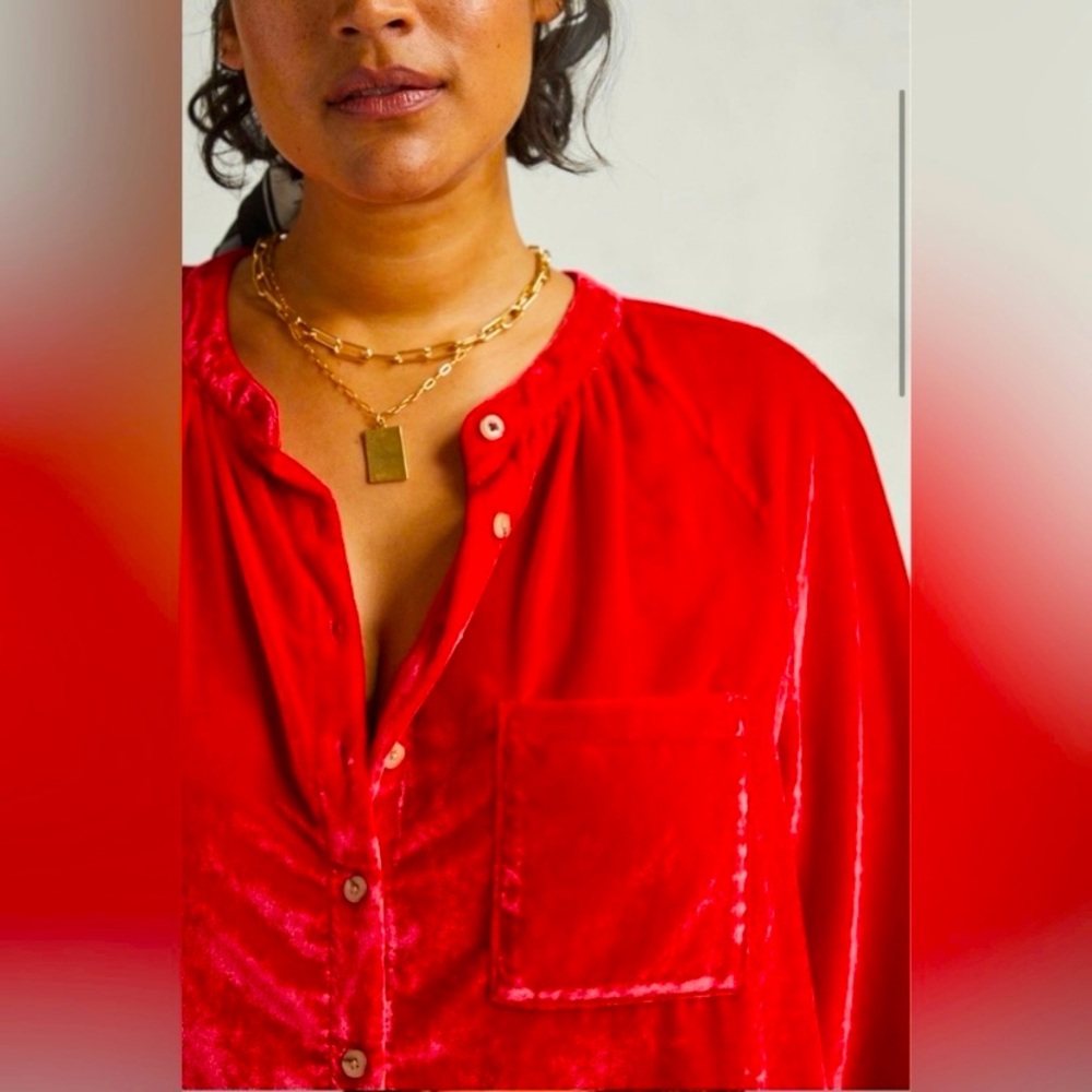 Anthropologie Pilcro Velvet Femme Button Down Shirt in Cherry Red EUC Size 1X - Picture 2 of 15